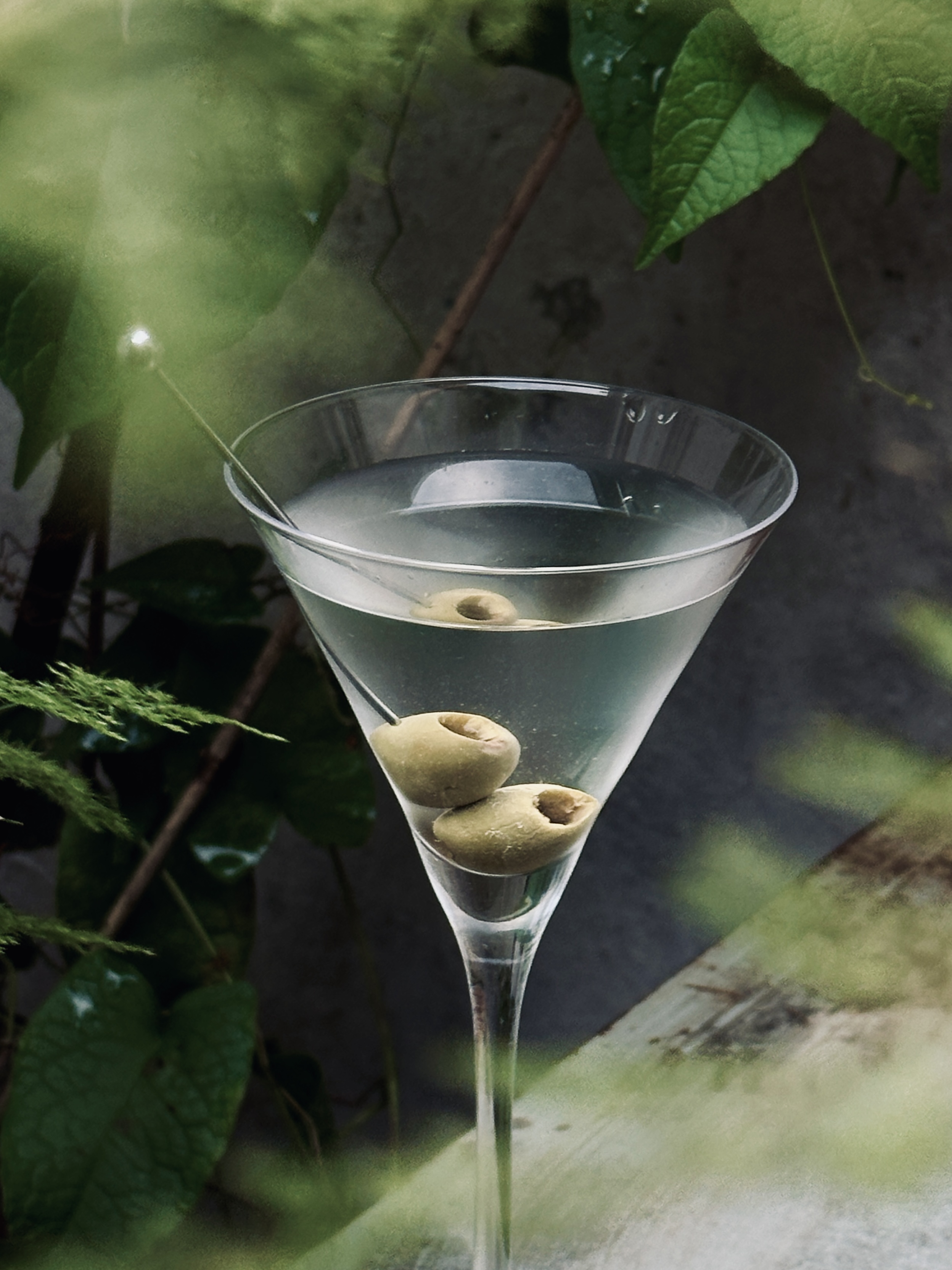Classic martini with green olives, set against fresh foliage at Dissolved Solids Damansara Kim