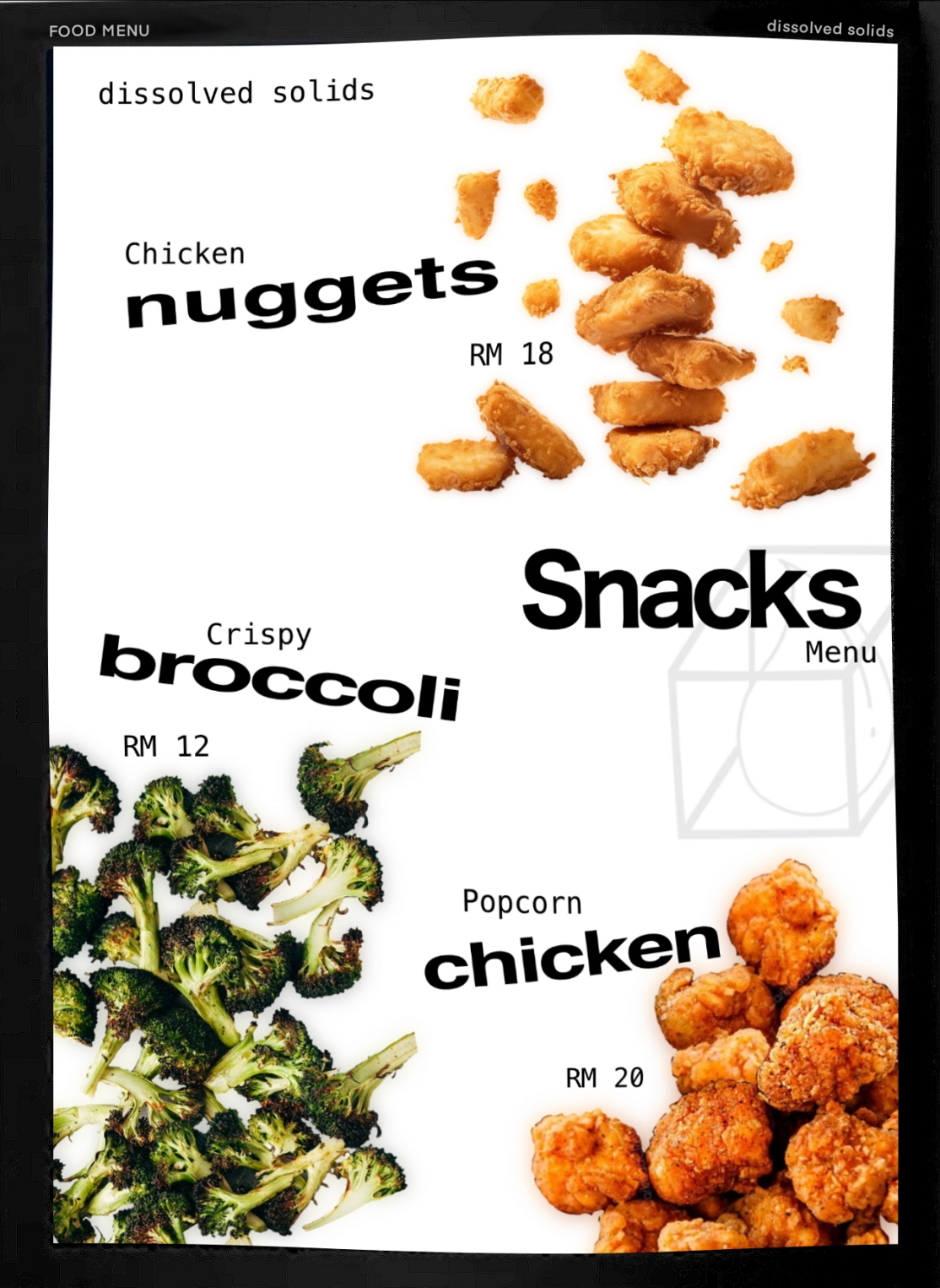 Dissolved Solids snacks menu graphic showing chicken nuggets, crispy broccoli, and popcorn chicken