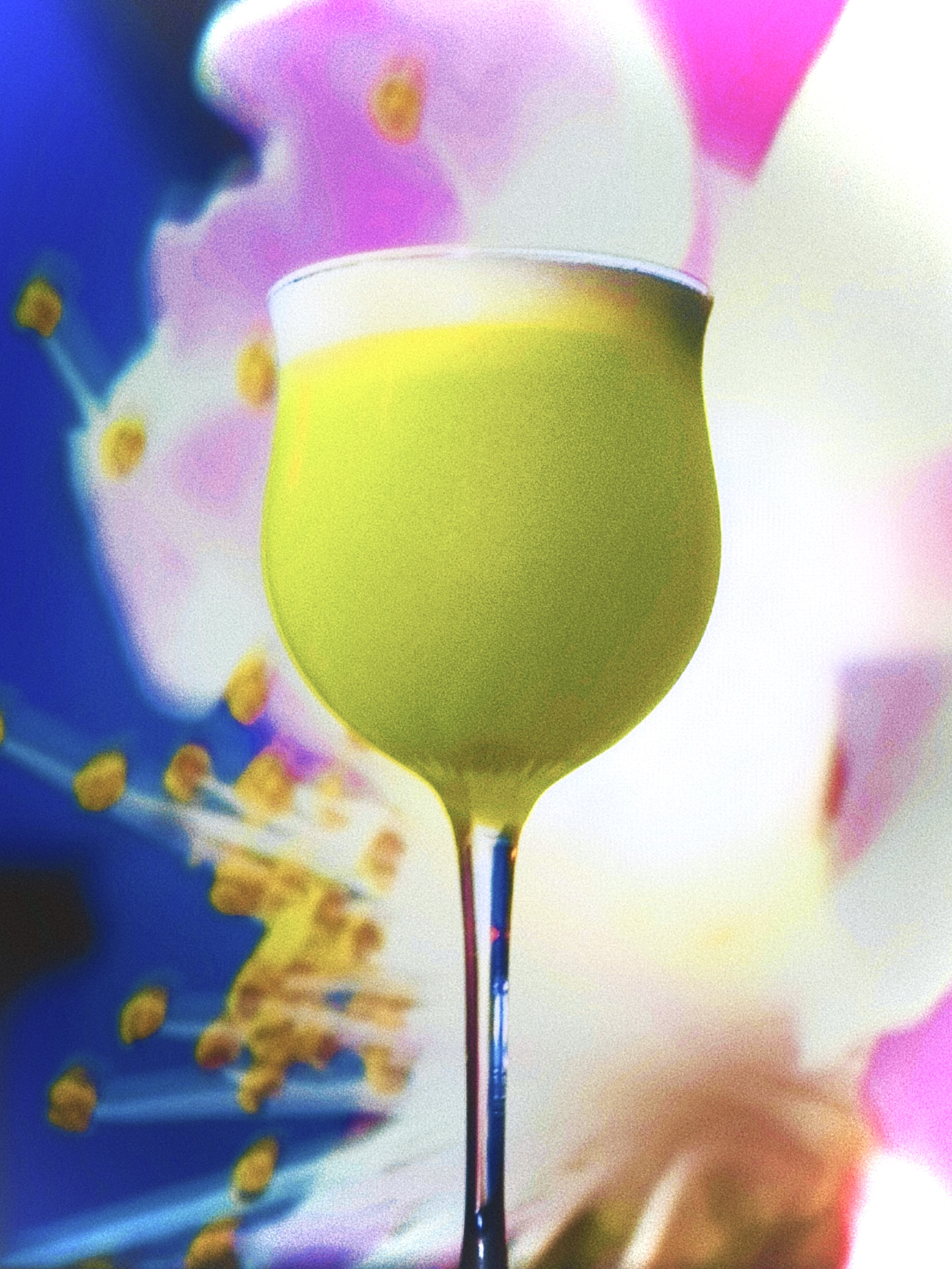 Yellow-green stemmed cocktail set against a vivid hibiscus floral backdrop at Soluble Solids SS2