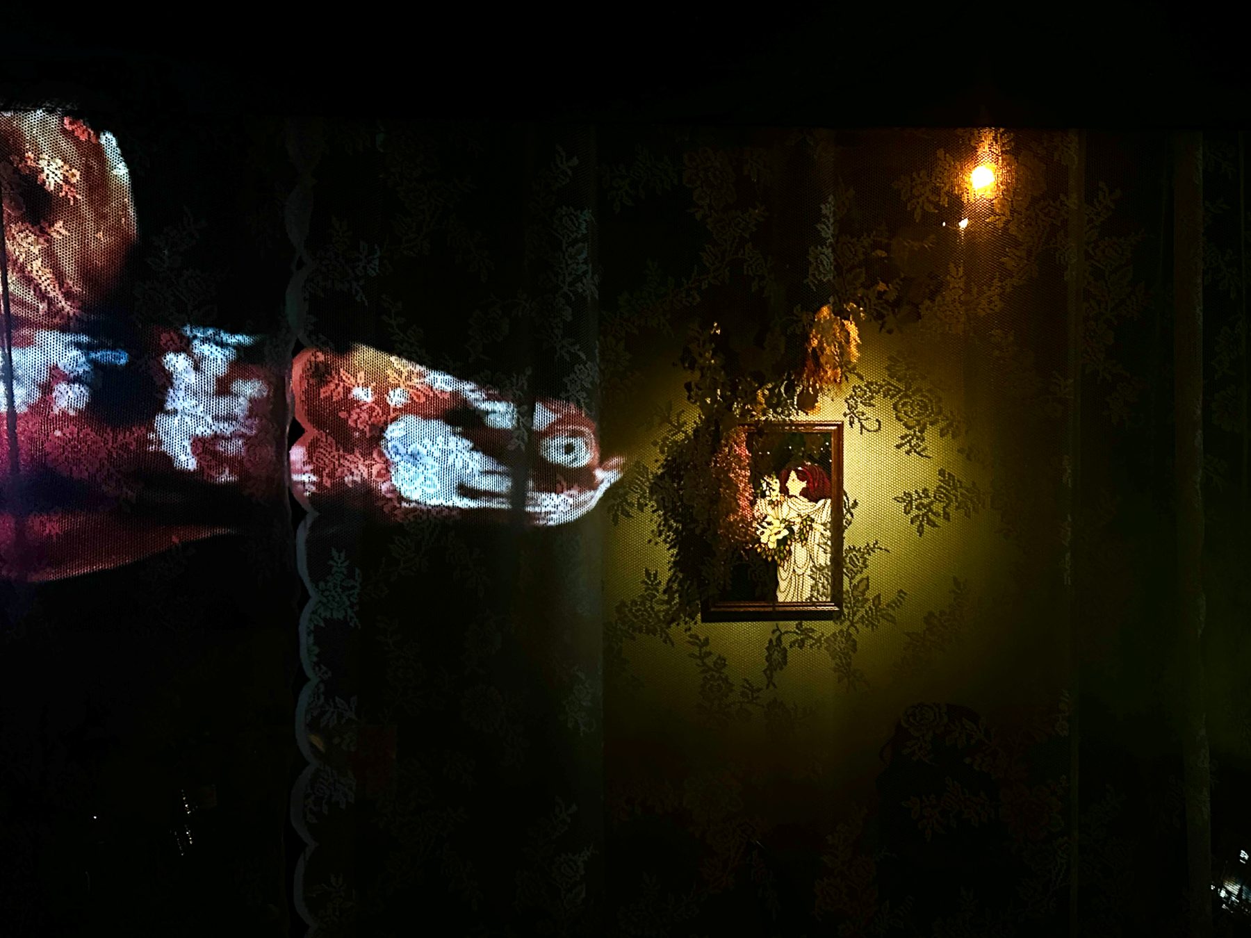 Lace curtain with a film projection at Soluble Solids, atmospheric evening shot